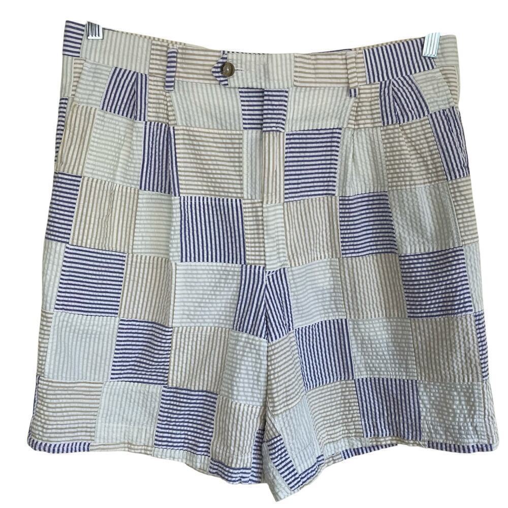 Berle Vintage Seersucker Cotton Madras Plaid Pleated Chino Shorts Preppy Sz 34